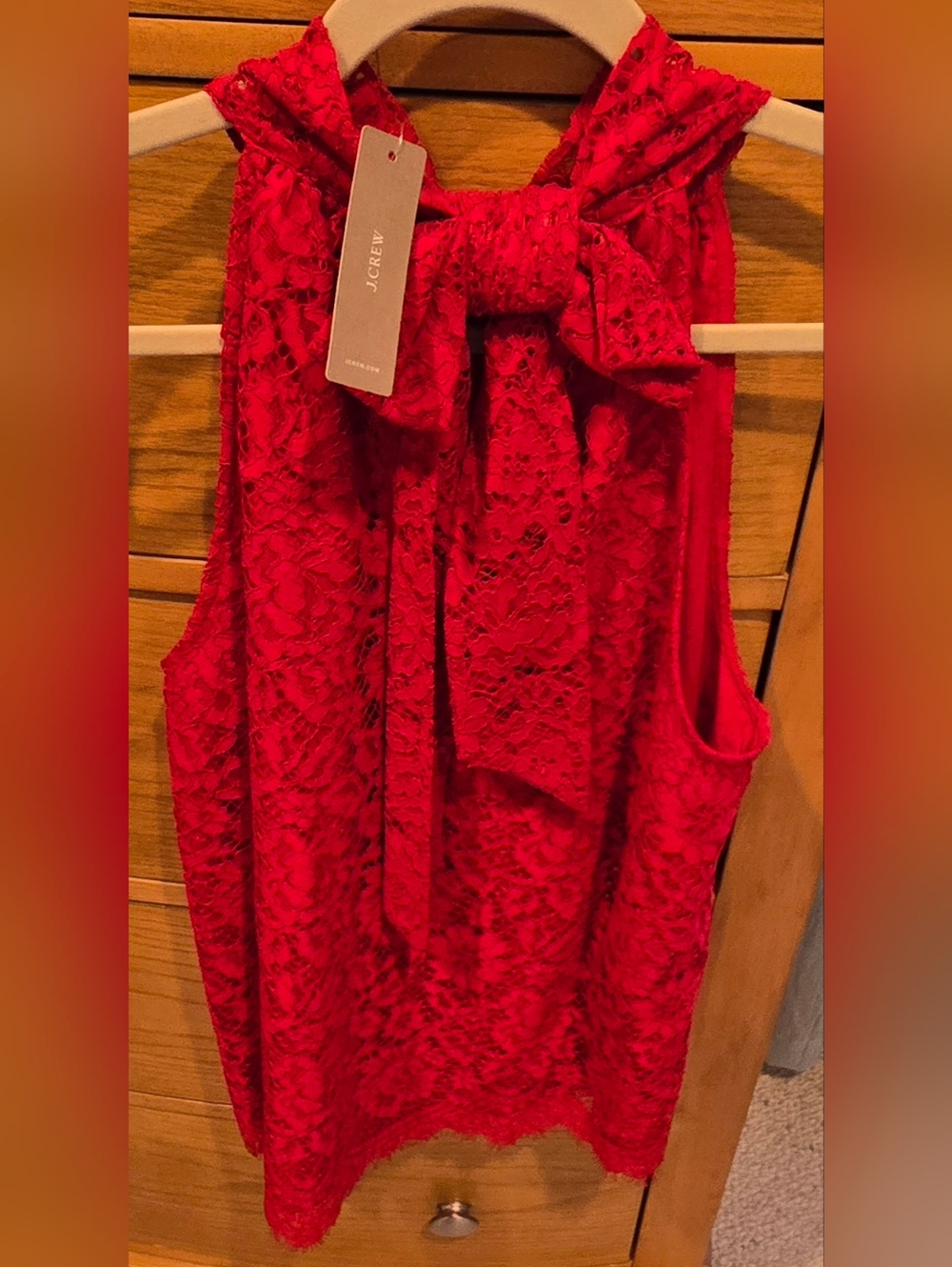 NWT J Crew Red Lace Sleeveless Mock Neck Camisole, Back Neck Bow, S - Picture 2 of 6